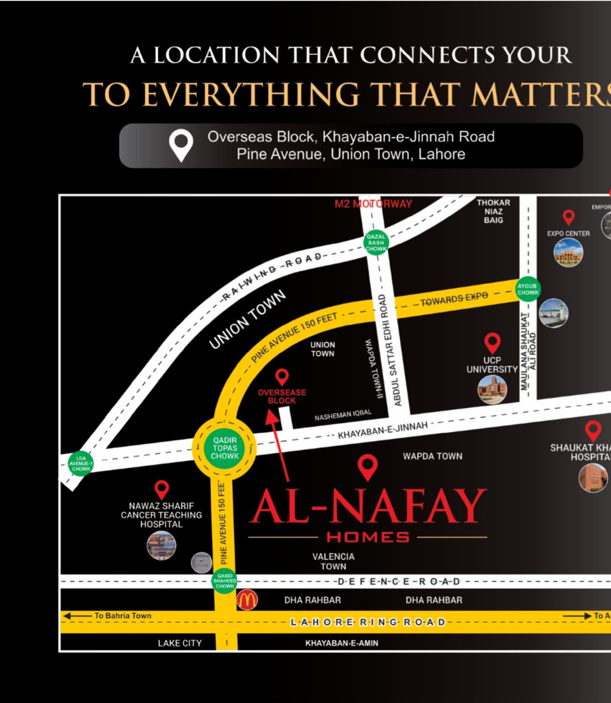 Location map of Al-Nafay Homes near Wapda Town and M2 Motorway