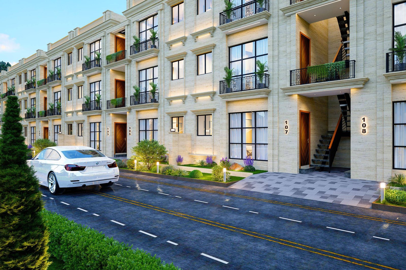 Al-Nafay townhouses, Overseas Block, at dusk